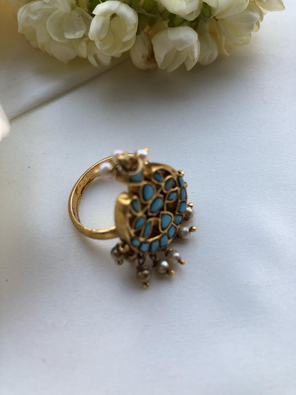 Turquoise chand design with pearls bunch (adjustable ring)-Finger Ring-PL-House of Taamara