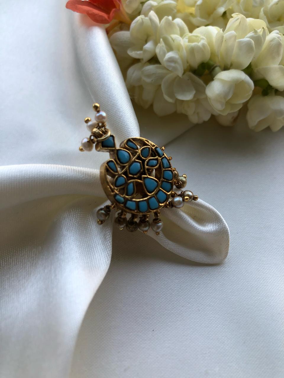 Turquoise chand design with pearls bunch (adjustable ring)-Finger Ring-PL-House of Taamara