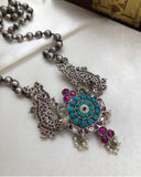 Turquoise & kemp peacock necklace with pearls and mohan mala-Silver Neckpiece-PL-House of Taamara