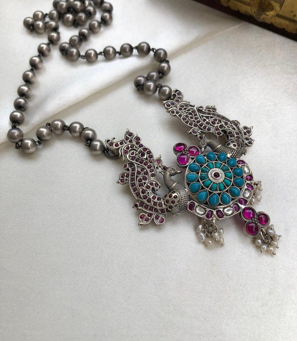 Turquoise & kemp peacock necklace with pearls and mohan mala-Silver Neckpiece-PL-House of Taamara