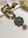 Turquoise kundan & antique beads necklace with green pumkin beads-Silver Neckpiece-PL-House of Taamara