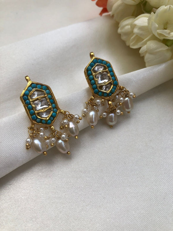 Turquoise kundan earrings with Pearls-Earrings-PL-House of Taamara
