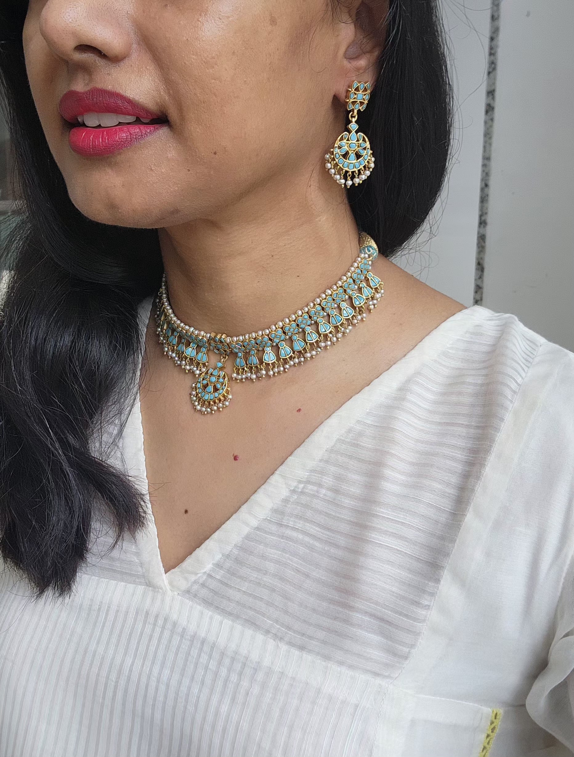 Turquoise kundan maatpatti, SET-Silver Neckpiece-PL-House of Taamara