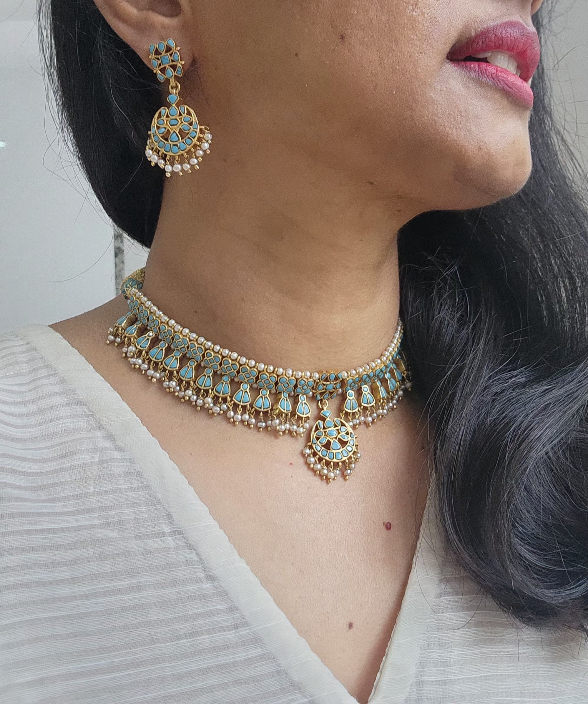 Turquoise kundan maatpatti, SET-Silver Neckpiece-PL-House of Taamara