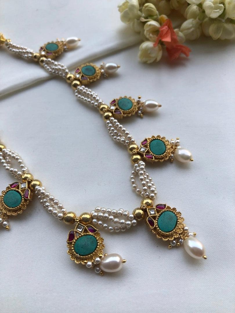 Turquoise kundan necklace with earrings, SET-Silver Neckpiece-PL-House of Taamara