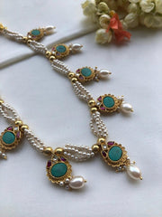 Turquoise kundan necklace with earrings, SET-Silver Neckpiece-PL-House of Taamara