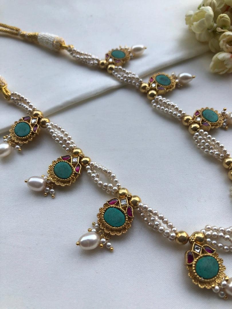 Turquoise kundan necklace with earrings, SET-Silver Neckpiece-PL-House of Taamara