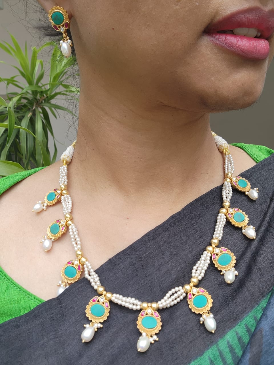 Turquoise kundan necklace with earrings, SET-Silver Neckpiece-PL-House of Taamara