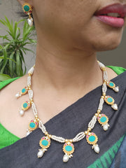 Turquoise kundan necklace with earrings, SET-Silver Neckpiece-PL-House of Taamara