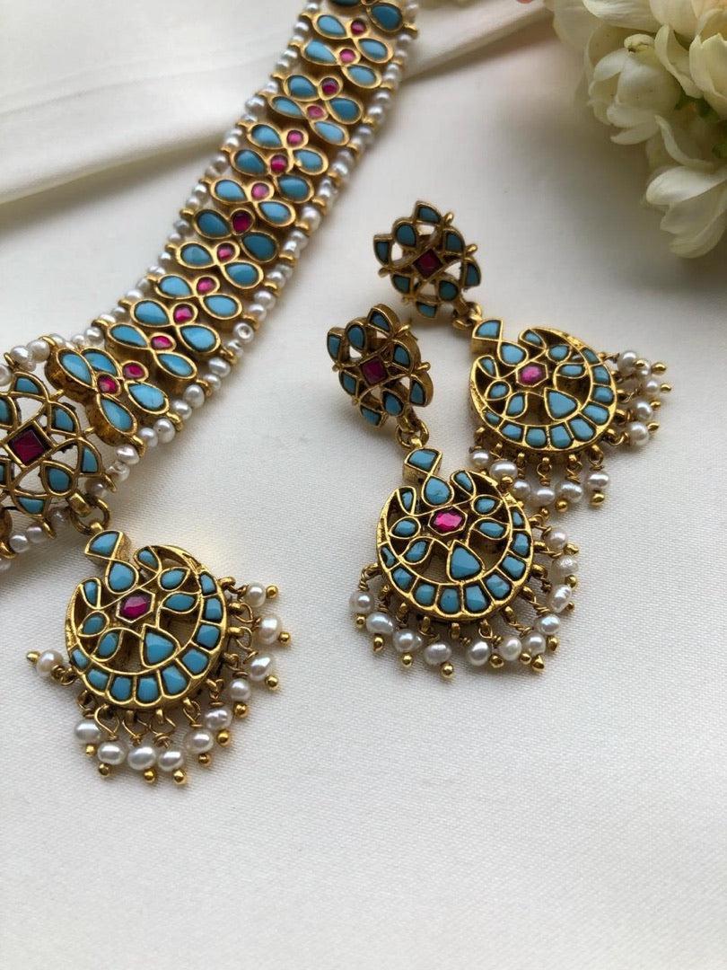 Turquoise kundan necklace with ruby & pearls bunch, SET-Silver Neckpiece-PL-House of Taamara