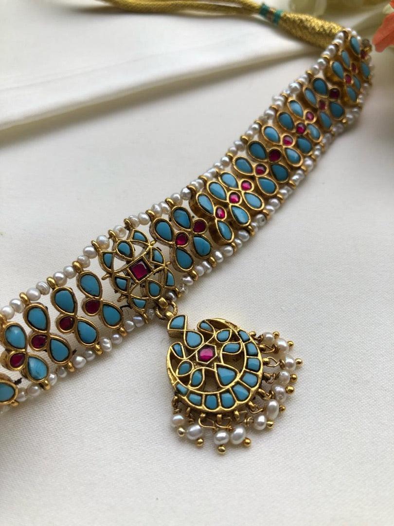 Turquoise kundan necklace with ruby & pearls bunch, SET-Silver Neckpiece-PL-House of Taamara