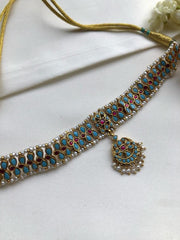 Turquoise kundan necklace with ruby & pearls bunch, SET-Silver Neckpiece-PL-House of Taamara