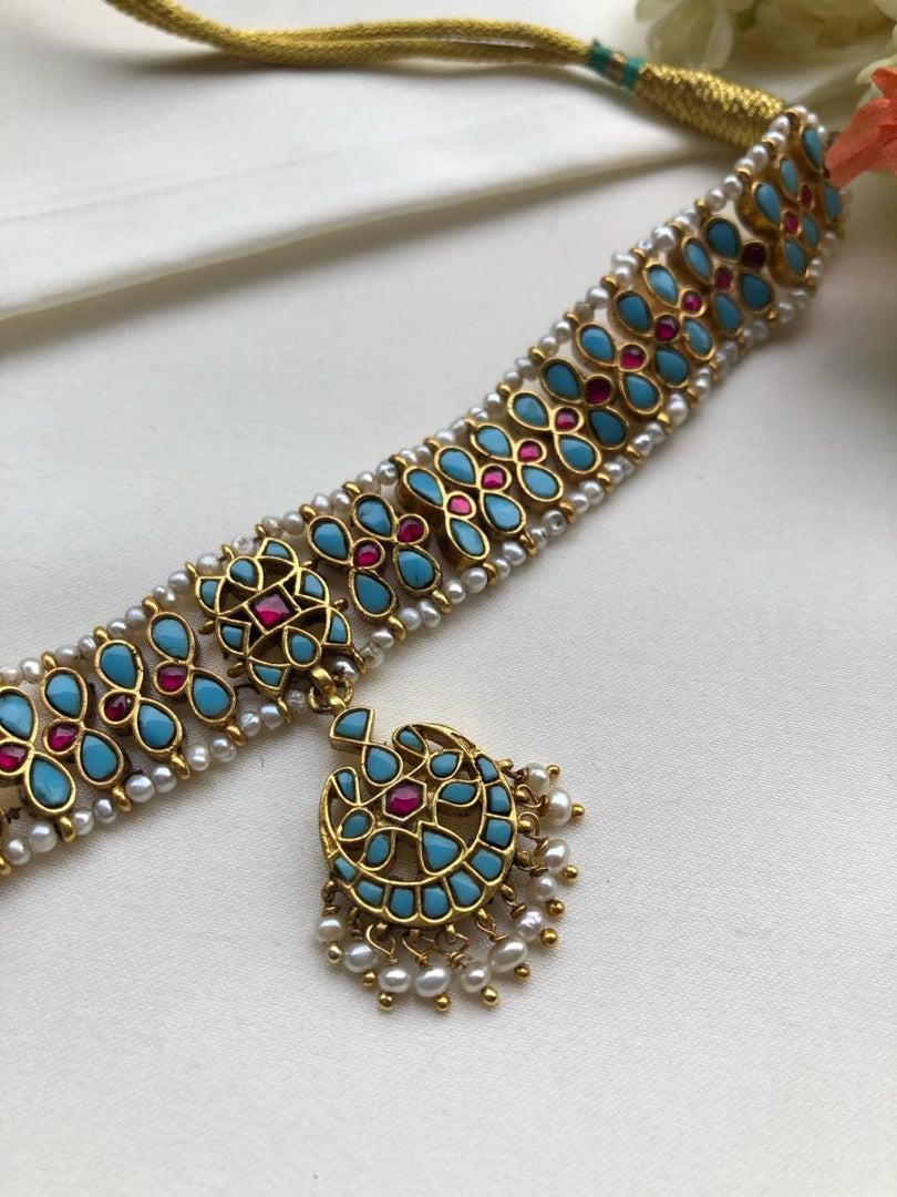 Turquoise kundan necklace with ruby & pearls bunch, SET-Silver Neckpiece-PL-House of Taamara