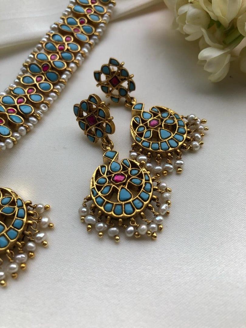 Turquoise kundan necklace with ruby & pearls bunch, SET-Silver Neckpiece-PL-House of Taamara