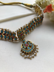 Turquoise kundan necklace with ruby & pearls bunch, SET-Silver Neckpiece-PL-House of Taamara