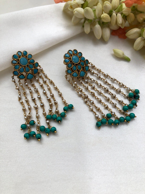 Turquoise latkan earrings with pearl drops & turquoise beads-Earrings-PL-House of Taamara