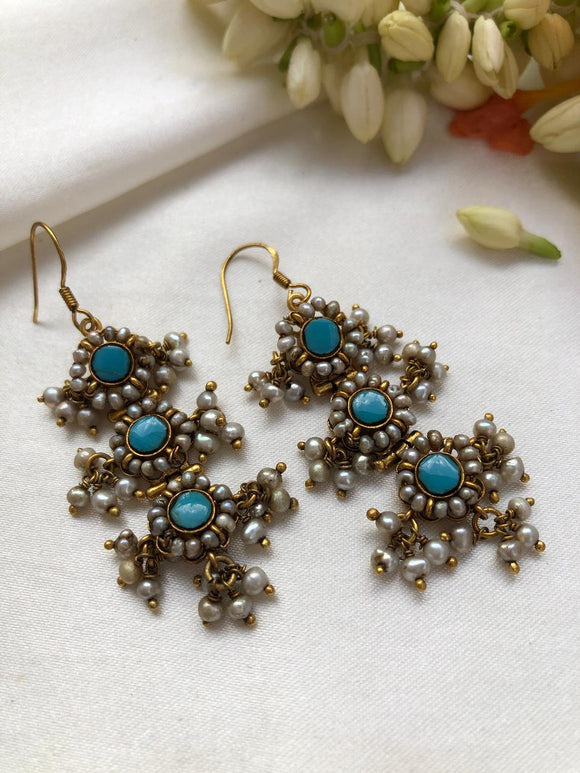 Turquoise long antique pearls earrings-Earrings-PL-House of Taamara