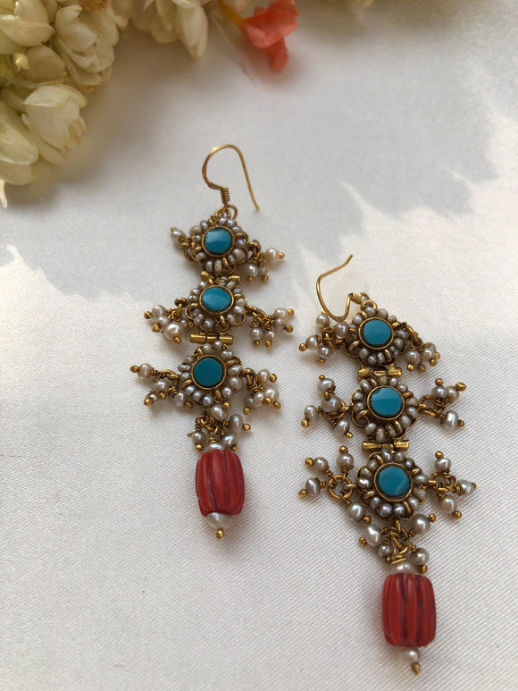 Turquoise long with a coral bead earrings-Earrings-PL-House of Taamara