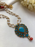 Turquoise pendant with antique beads coral and rice pearls mala-Silver Neckpiece-PL-House of Taamara