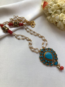 Turquoise pendant with antique beads coral and rice pearls mala-Silver Neckpiece-PL-House of Taamara
