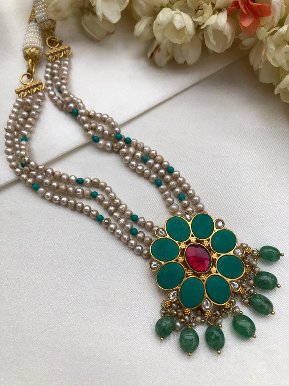 Turquoise pendant with ruby centre and pearls bunch-Silver Neckpiece-PL-House of Taamara