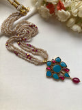 Turquoise ruby and antique style pearls with pink and gold beads-Silver Neckpiece-PL-House of Taamara
