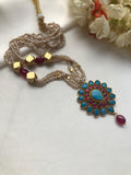Turquoise & ruby beads with gold polish square beads with pearls-Silver Neckpiece-PL-House of Taamara