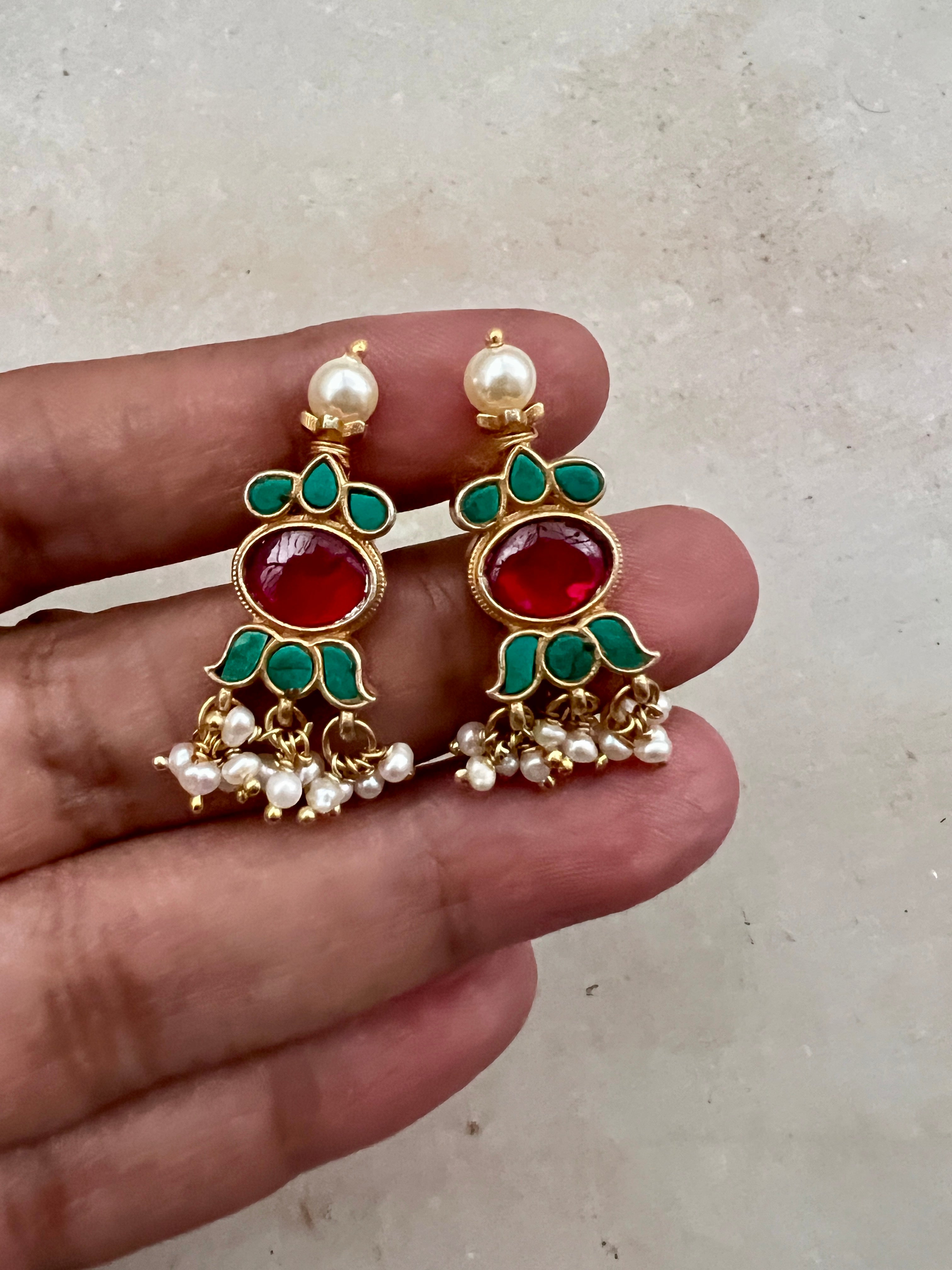 Turquoise & ruby earrings with pearls-Earrings-PL-House of Taamara