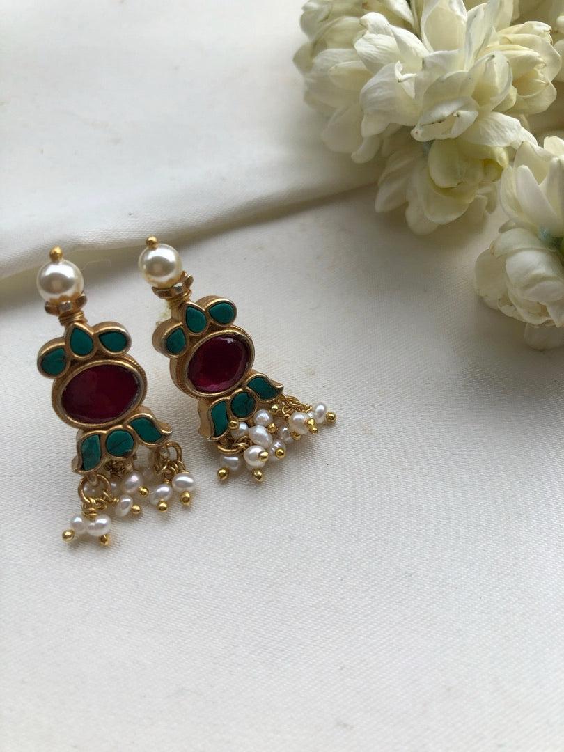 Turquoise & ruby earrings with pearls-Earrings-PL-House of Taamara