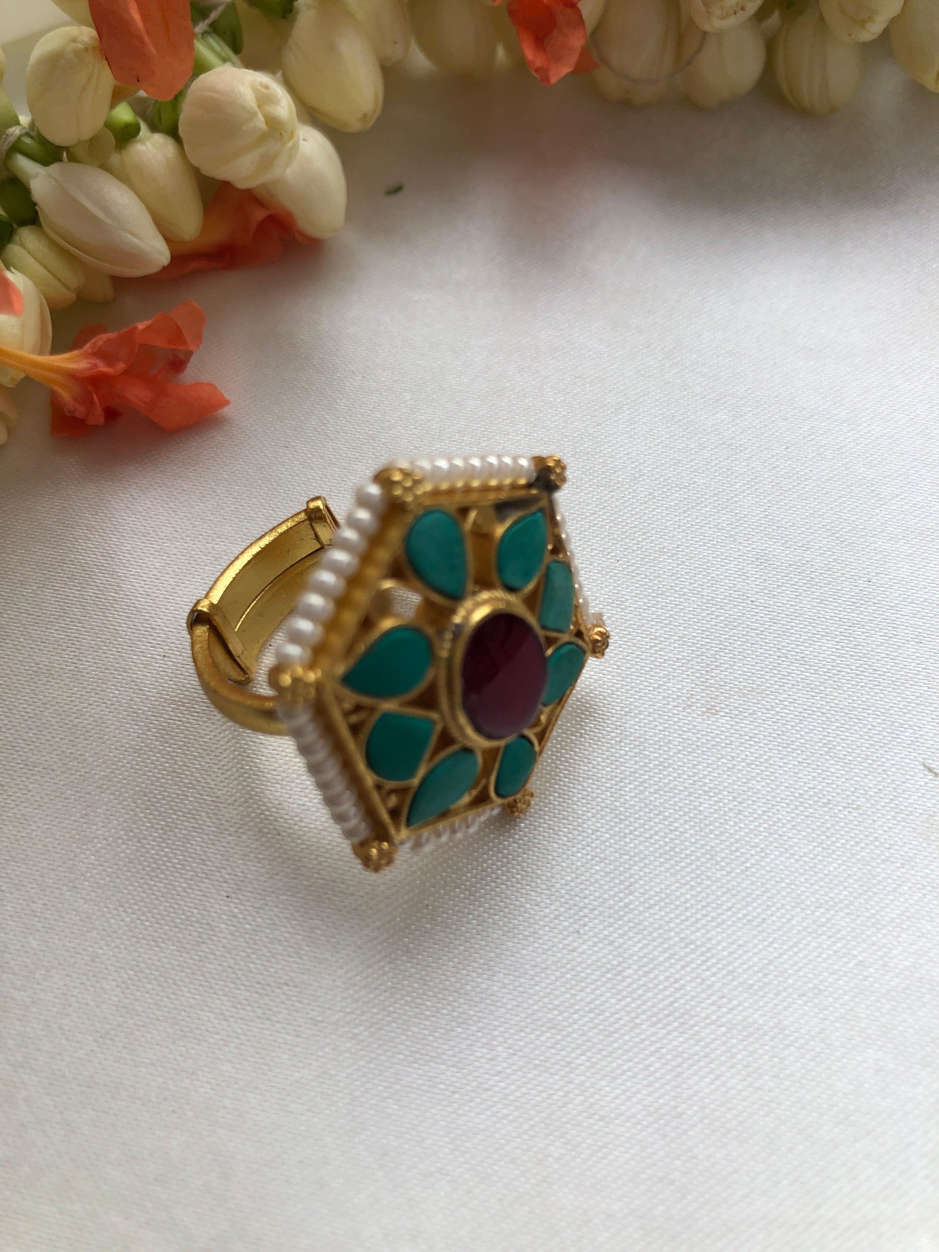 Turquoise & ruby hexagonal ring-Finger Ring-PL-House of Taamara