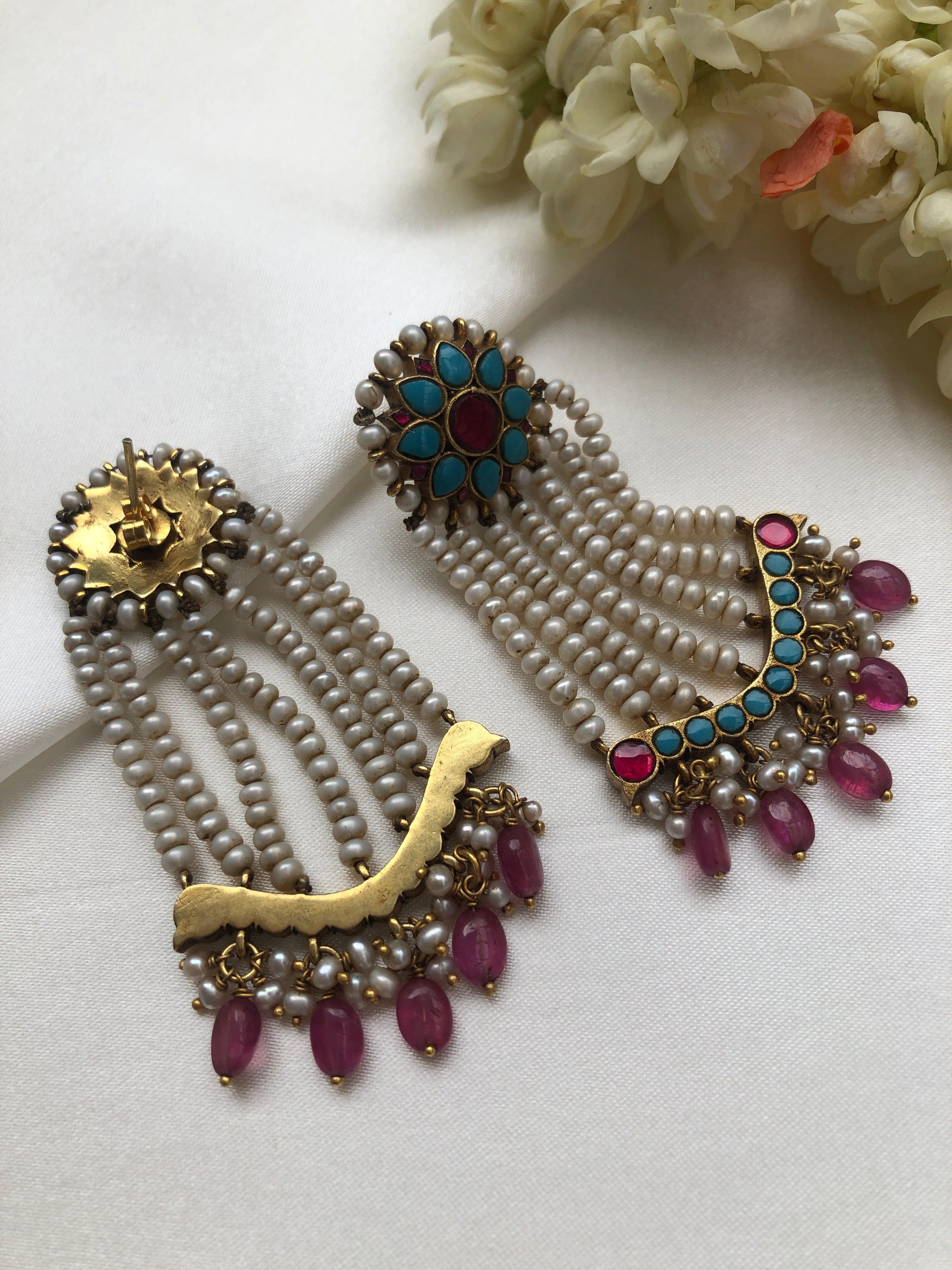Turquoise & ruby kundan long antique pearl earrings (MADE TO ORDER)-Earrings-PL-House of Taamara