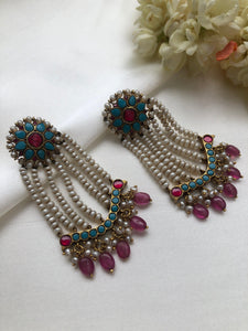 Turquoise & ruby kundan long antique pearl earrings (MADE TO ORDER)-Earrings-PL-House of Taamara