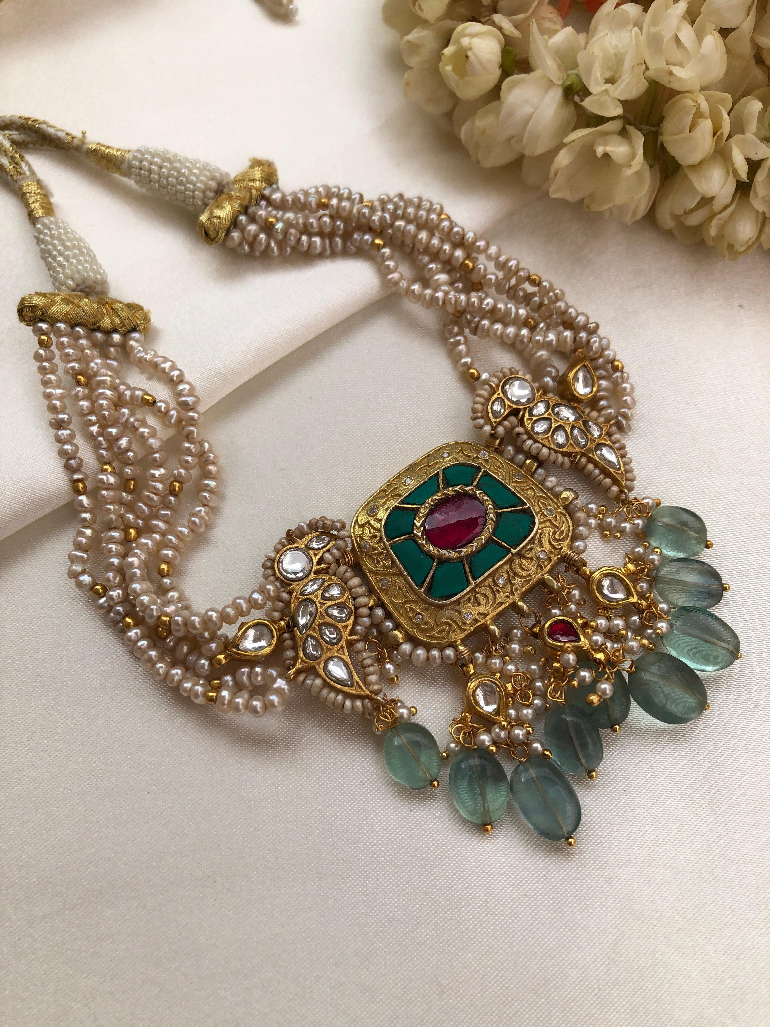 Turquoise & ruby kundan necklace with antique style pearls-Silver Neckpiece-PL-House of Taamara