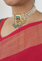 Turquoise & ruby kundan necklace with antique style pearls-Silver Neckpiece-PL-House of Taamara