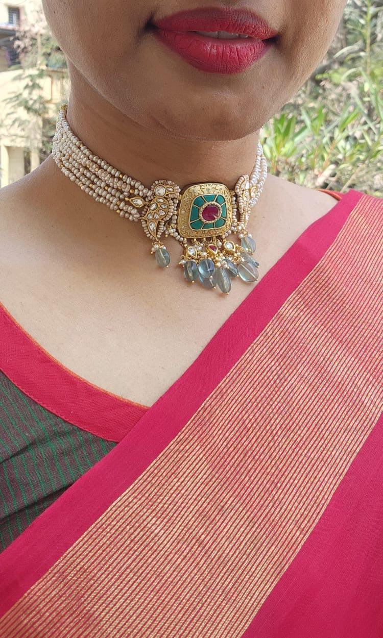 Turquoise & ruby kundan necklace with antique style pearls-Silver Neckpiece-PL-House of Taamara