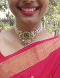 Turquoise & ruby kundan necklace with antique style pearls-Silver Neckpiece-PL-House of Taamara