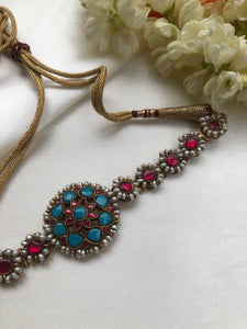 Turquoise & ruby kundan with pearls antique pearls choker (MADE TO ORDER)-Silver Neckpiece-PL-House of Taamara