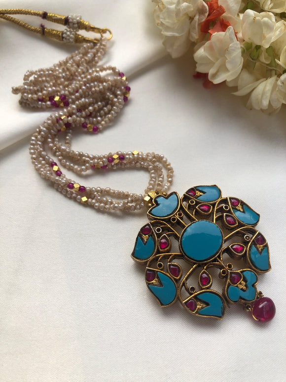 Turquoise & ruby pendant with antique pearls,pink beads and ashtapatti beads-Silver Neckpiece-PL-House of Taamara