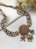Turquoise ruby round kundan pendant with antique pearls-Silver Neckpiece-PL-House of Taamara
