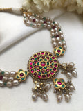 Turquoise ruby round kundan pendant with antique pearls-Silver Neckpiece-PL-House of Taamara