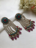 Turquoise & ruby with pearls long hangings & ruby beads-Earrings-PL-House of Taamara