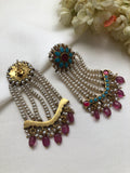 Turquoise & ruby with pearls long hangings & ruby beads-Earrings-PL-House of Taamara