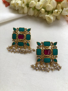 Turquoise square earrings with ruby and pearls-Earrings-PL-House of Taamara