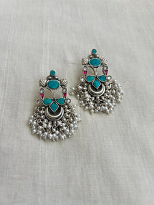 Turquoise & white kundan stone earrings with pearls-Earrings-CI-House of Taamara