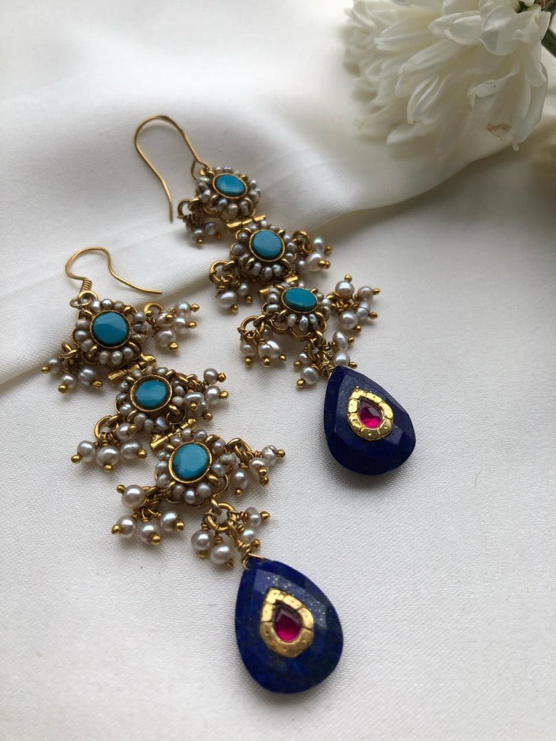Turquoise with Lapis and kundan inlay work earrings-Earrings-PL-House of Taamara