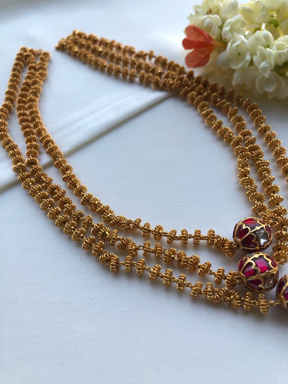 Tussi chain 3 layered with ruby kundan mala-Silver Neckpiece-PL-House of Taamara