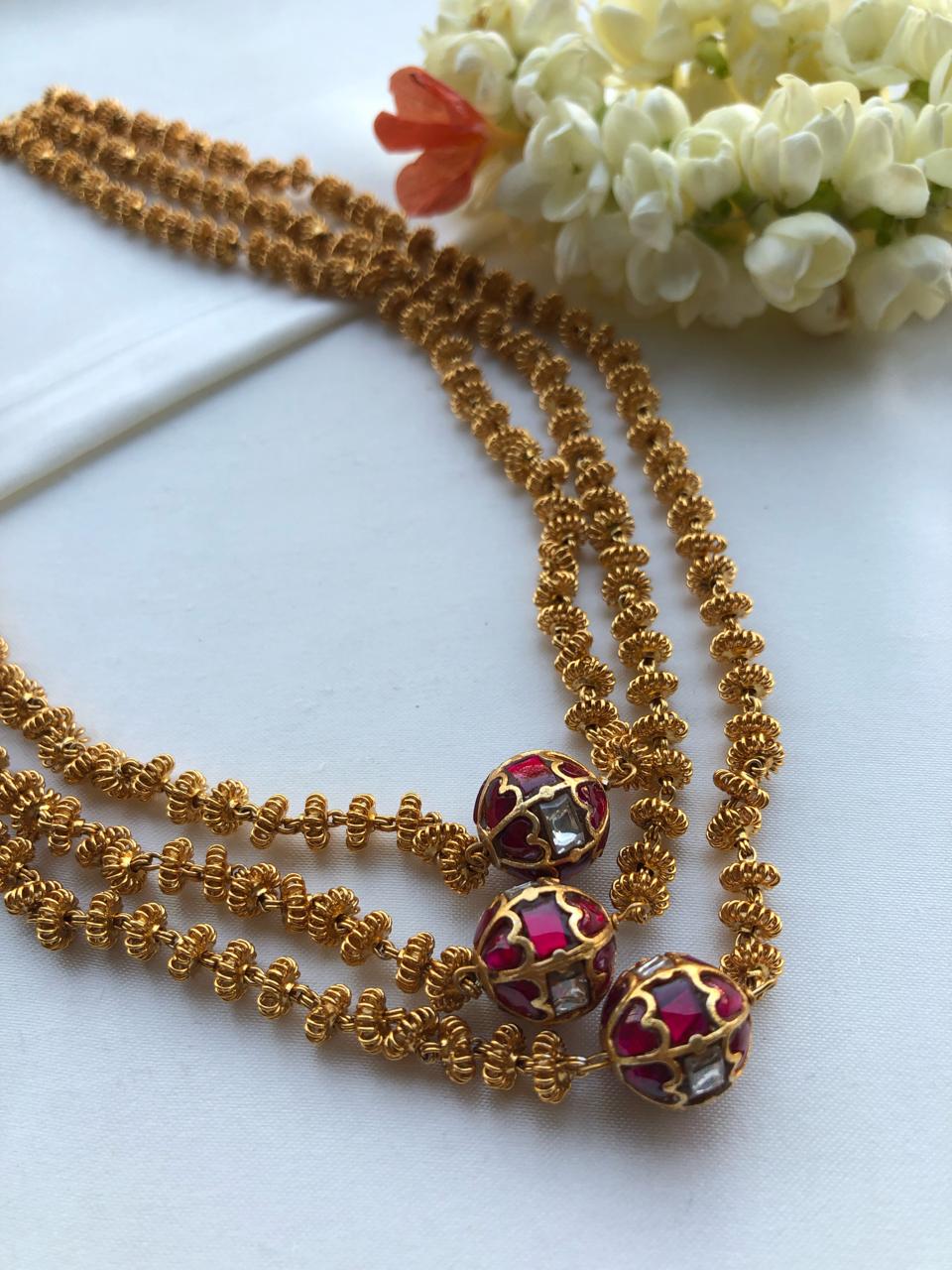 Tussi chain 3 layered with ruby kundan mala-Silver Neckpiece-PL-House of Taamara