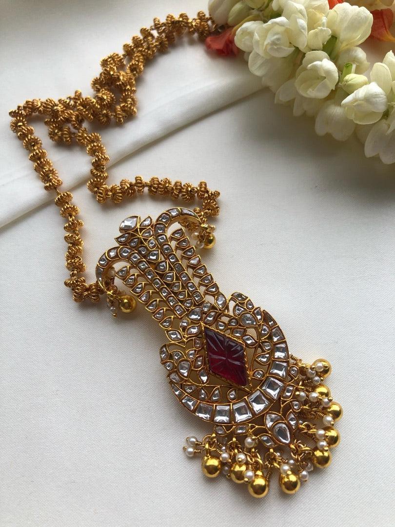 Tussi chain with kundan pendant-Silver Neckpiece-PL-House of Taamara