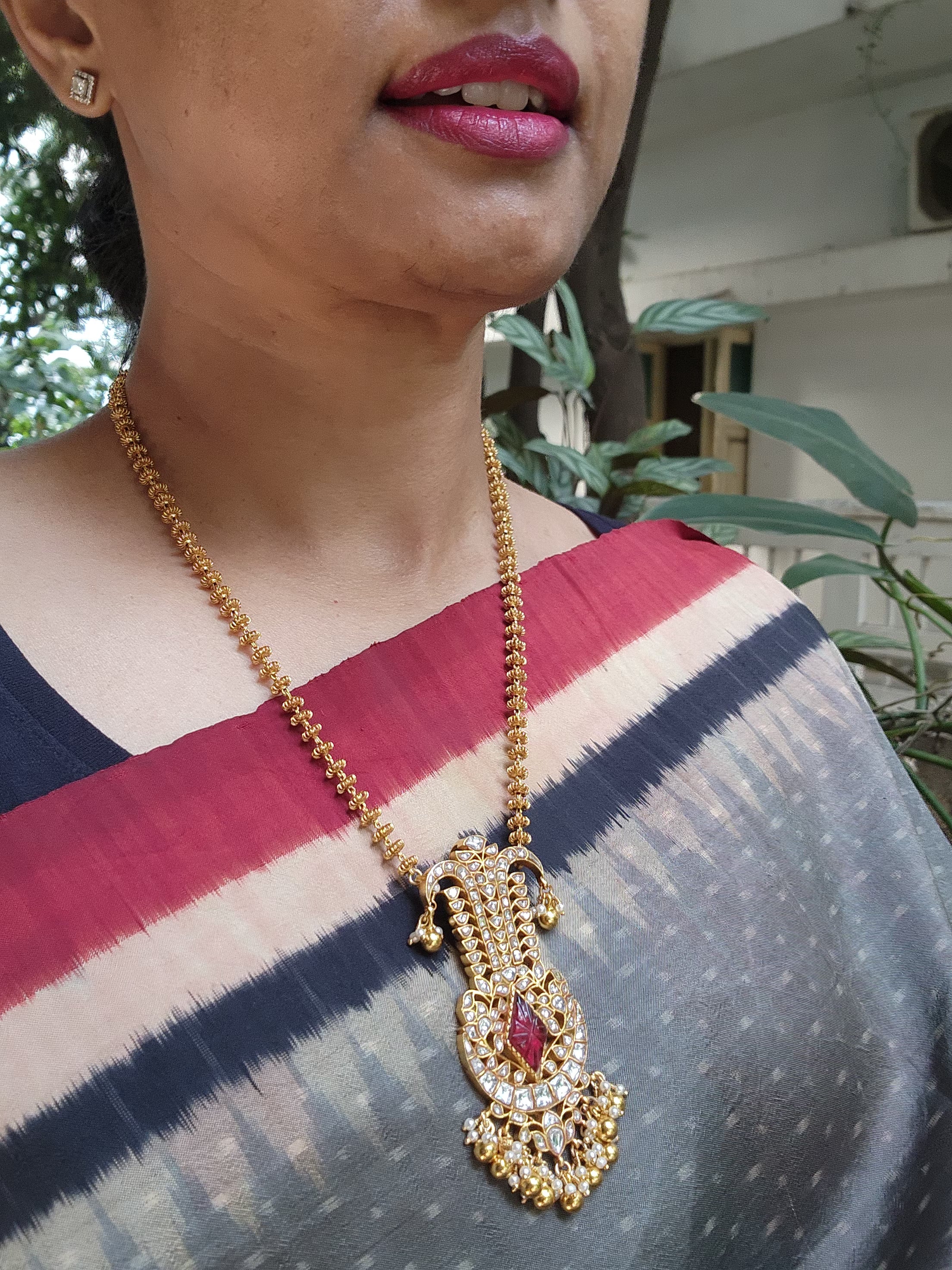 Tussi chain with kundan pendant-Silver Neckpiece-PL-House of Taamara
