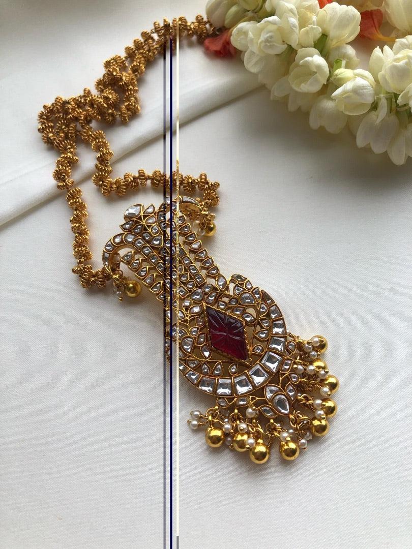 Tussi chain with kundan pendant-Silver Neckpiece-PL-House of Taamara